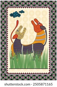 Rey de la Jungla: Una Majestuosa Obra de Arte de Gond de un León. Pintura del león de Gond, león de arte popular indio, obras de arte del león tribal, arte animal de la selva, pintura de Wildlife Gond.