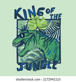 King of the jungle.Dangerous dinosaur character design.Cool t rex and tropical leaf vector print.Fun t-shirt design for kids.Vector illustration design for fashion fabrics, textile graphics, print.