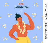 King Kamehameha Day. A nice vector flat postcard with a happy Hawaiian resident in a traditional Hawaiian flower garland. Cute illustration for the oldest holiday of the USA.
