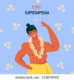 Día del Rey Kamehameha. Una bonita postal plana vectorial con un feliz hawaiano residente en un tradicional huerto de flores hawaiano. Cuidada ilustración para la festividad más antigua de Estados Unidos.