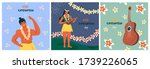 King Kamehameha Day. Set of nice vector flat postcards with ukulele and traditional hawaiian flowers, happy hawaiian woman and man residents in traditional hawaiian flower garlands. 