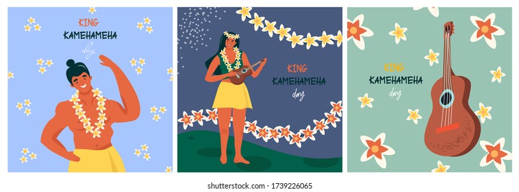 Día del Rey Kamehameha. Conjunto de bellas postales planas vectoriales con ukulele y flores hawaianas tradicionales, feliz mujer hawaiana y hombres residentes en las tradicionales guirnaldas florales hawaianas. 