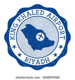 King Khaled Airport Riyadh stamp. Airport of Riyadh round logo with location on Saudi Arabia map marked by airplane. Vector illustration.