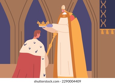 King Kneels During Coronation Ceremony. Ruler Character With Bowed Head As A Symbol Of Submission To Divine Authority