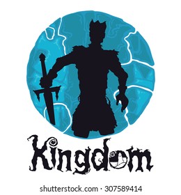 King Knight in armour on a colored background with a roundtable with the sword in hand at the bottom of the inscription KINGDOM logo.