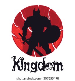 King Knight in armour on a colored background with a roundtable with the sword in hand at the bottom of the inscription KINGDOM logo.