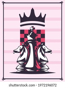 King and knight chess pieces on striped background