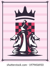King and knight chess pieces on striped background