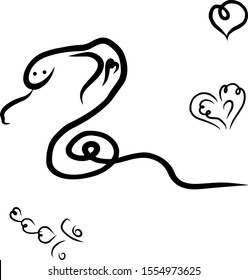 King kobra vector logo line art illustration on white background. Snake vector outline. Hearts. Set.