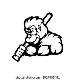 King kong mascot logo design vector silhouette version. Illustration of King Kong carrying a baseball stick