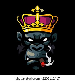 King of kong smoking mascot logo design illustration vector isolated on dark background