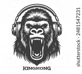 King kong wearing headphones. King kong logo in retro style