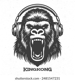 King kong wearing headphones. King kong logo in retro style