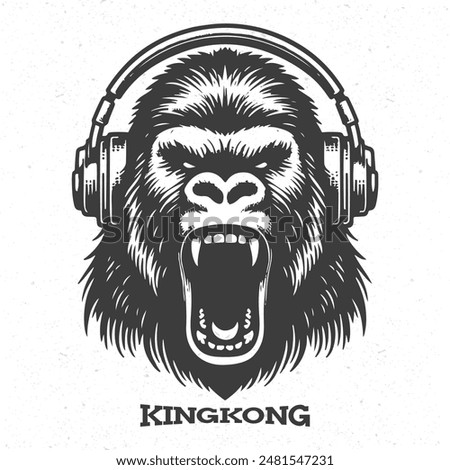 King kong wearing headphones. King kong logo in retro style