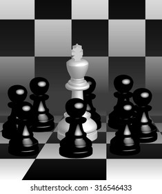The king is the leader, surrounded by a team of pawns of the enemy.