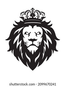 Cabeza de León Rey con corona e icono de logotipo. Ilustración vectorial.