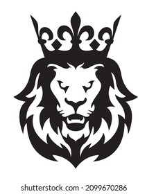 King Lion Head with Crown and Logo Icon. Vector Illustration.