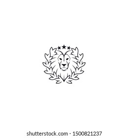 King lion head logo design vector template. Strong glare lion face. Elegant design. Sticker. icon. Emblem. Laurel wreath  frame