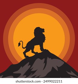 King Lion, Lion on a rock - black silhouette on background of the sunset. African Safari. Vector illustration, silhouette of a lion