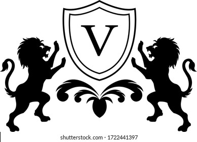 King lion Royalty V Letter crest black and white Logo template.