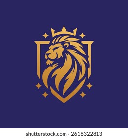 Logotipo do escudo do leão rei com coroa, design do emblema do leão real, perfeito para o luxo, segurança ou identidade de marca premium.