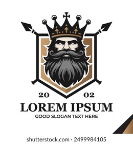 King logo design vector, king head with crown and shield backdrop logo illustration vector, bearded