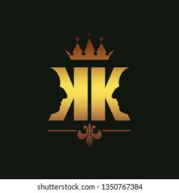King logo. Royal luxury emblem. Face and crown icon. Business fantasy golden badge with double K letter