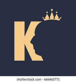 King logo. Royal luxury emblem. Face and crown icon. Business fantasy golden badge with K letter