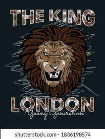 King London with Male Lion face portrait  in vector illustration.Clothing,t-shirt,apparel and other uses.Abstract design with the grunge and denim style.Eps10
