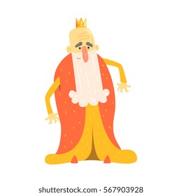 King With Long Beard In Red Mantle Standing Fairy-Tale Cartoon Childish Character