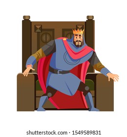 King looks scared. Frightened king character near his throne. Vector cartoon illustration. Isolated on white background.