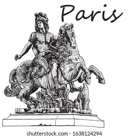 King Louis XIV equestrian statue in Paris. France
Vector hand made illustration in engraving style isolated on white.