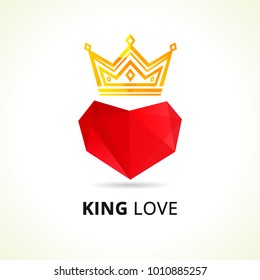 King love and crown logo. Vector emblem of luxury facet red heart and golden crown. Dad my king illustration