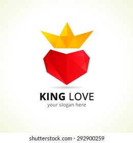 King of love vector logo concept. Entertainment business creative symbol. Heart and crown, red and yellow colors. Celebrating icon. Isolated abstract graphic design template. King of pick up training.