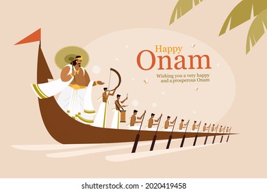 King Mahabali and rowers in a snake boat celebrating Onam . Onam is a harvest festival in Kerala, India