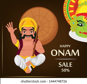 King Mahabali sitting and holding umbrella. Happy Onam festival in Kerala. Vector illustration for sale on brown background