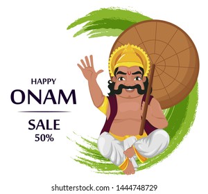 King Mahabali sitting and holding umbrella. Happy Onam festival in Kerala. Vector illustration for sale