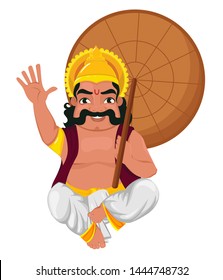 King Mahabali sitting and holding umbrella. Happy Onam festival in Kerala. Vector illustration on white background