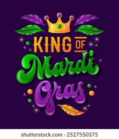 O design de letras do Rei do Mardi Gras apresenta um roteiro verde e roxo divertido com a frase texto laranja atraente. O desenho tipográfico tem contas flutuantes, penas e faíscas. Para qualquer fim