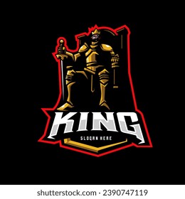 King mascot logo of Ancient Kingdom in Emperor age. The king sits on the royal chair