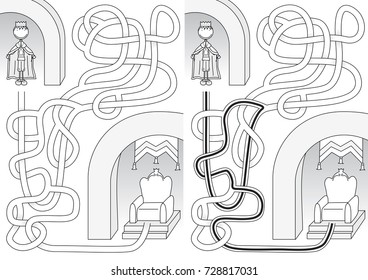King maze for kids with a solution in black and white