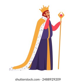 King of medieval kingdom, male character standing in crown and robe vector illustration