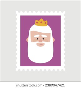 Sello postal morado King Melchor. Ornamento navideño aislado vectorizado. Magi, sabio