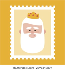 Sello postal amarillo King Melchor. Ornamento navideño aislado vectorizado. Magi, sabio