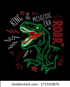 King of the mesozoic era text. Aggressive tyrannosaurus rex roaring on black background. Vector illustration for prints, t-shirts, posters