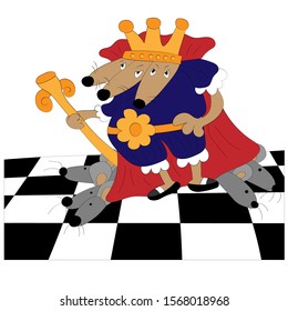 king of mice in blue and red clothes on the chess floor with rats