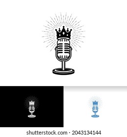Ilustración vectorial de micrófono King en estilo retro. Elemento de diseño para podcast o logotipo de karaoke, etiqueta, emblema, signo.