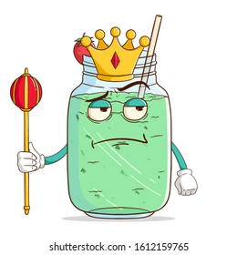 King of milkshake cartoon character holding the king stick with funny thinking expression