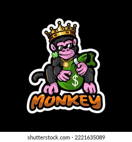 King Monkey Holding Money Bag Biting Clover Leaf Wearing Bitcoin Necklace Cartoon Mascot Logo