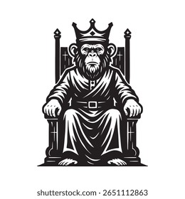 King Monkey, Royal Monkey Vector, Monkey on Throne Clipart, Crowned Ape Illustration, Black and White Animal King Design
